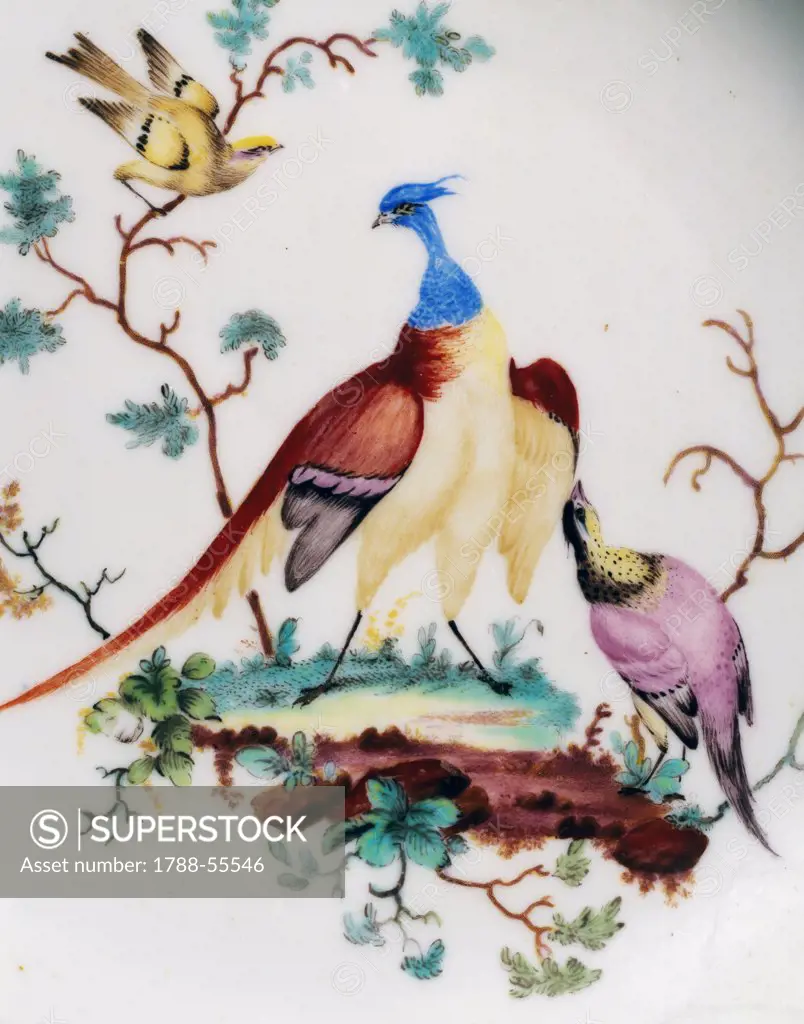 Sorbet and saucer decorated with birds, porcelain, Tournai manufacture. Detail. Belgium, 18th century.
