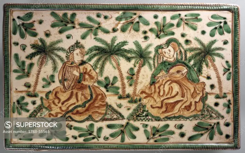 Plate with musicians in a palm grove, decoration inspired by the period of Frederick II, decorative ceramic, 30 cm, Alessi manufacture, Caltagirone, Sicily. Italy, 20th century.
