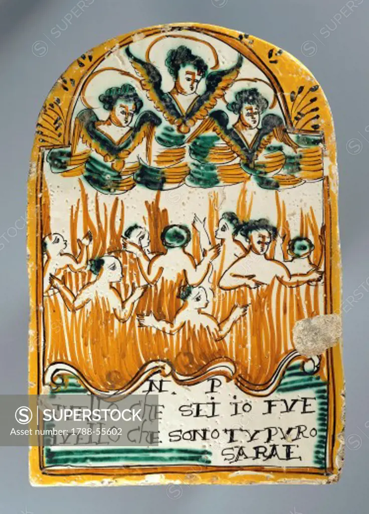 Votive tile depicting souls in purgatory and the words: What you are I was, what I am you shall be as well, ca 1825, Master of the Adormita, painted maiolica, Ariano Irpino manufacture, Campania. Italy, 19th century.