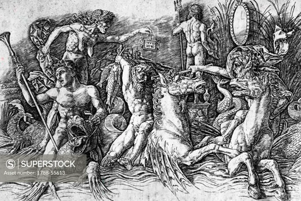 The battle of Sea Gods, by Andrea Mantegna (1431-1506), engraving. Detail.