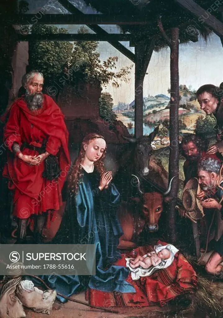 Martin Schongauer (ca 1430-1491), Adoration of the Child, 1475-1480, oil on wood, 37.5x28cm.
