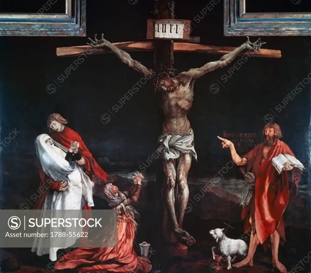 Crucifixion, central panel of the Isenheim altarpiece, ca 1515, by Mathias Grunewald (1475-1528), oil on canvas.