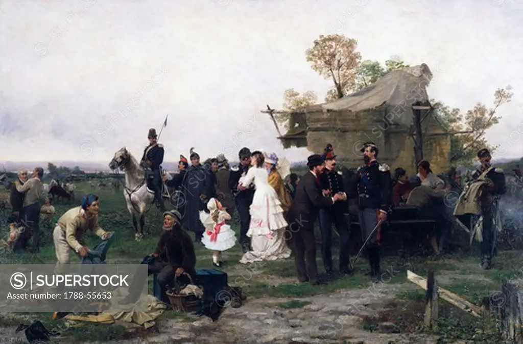 Camp on the outskirts of Milan in 1859, 1878, by Sebastiano de Albertis (1828-1897), oil on canvas, 193x290 cm.