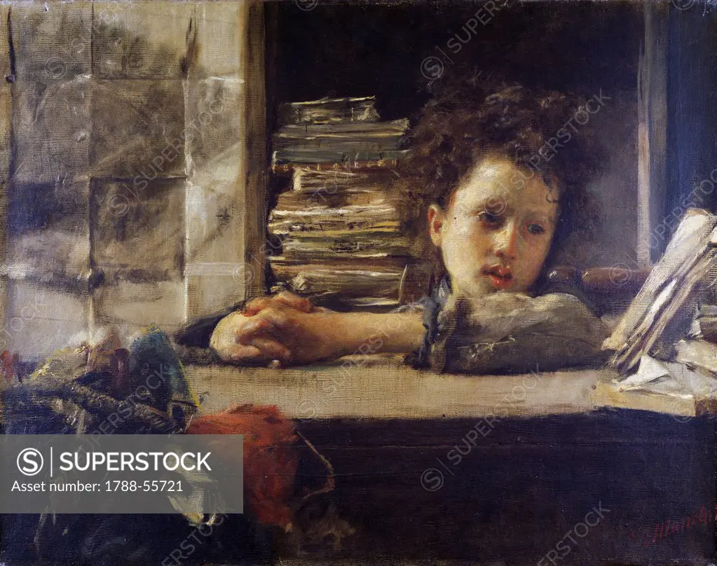 The study, ca 1875, painting by Antonio Mancini (1852-1930), oil on canvas, 51x66 cm.