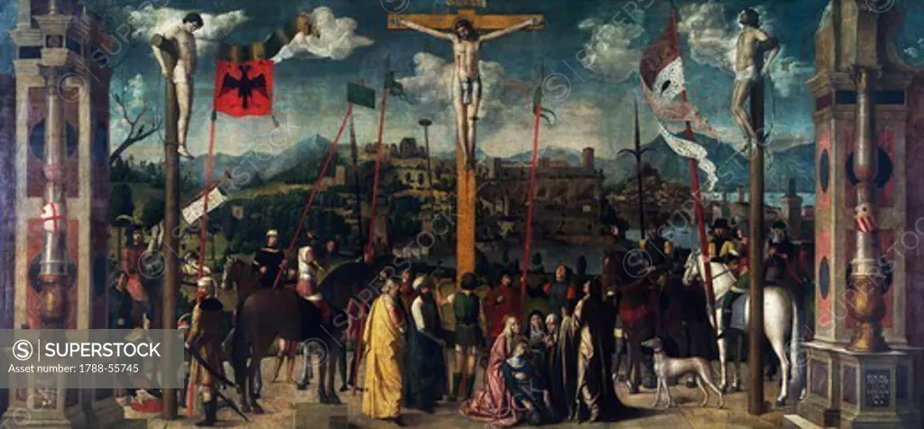 Crucifixion, 1501, by Michele da Verona (1470-1536), oil on canvas, 335x720 cm.