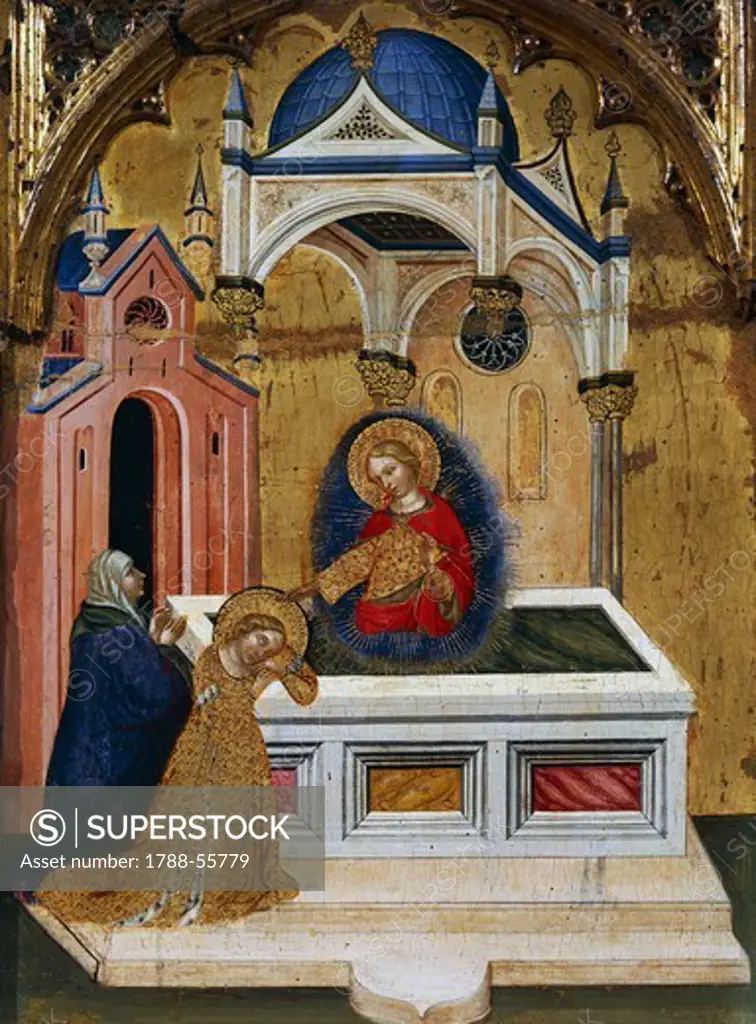 Story of the life of St Lucia, Lucia in prayer near the tomb of St Agatha, who appears to her, 1410, by Jacobello Del Fiore (active 1400-1439), painting on wood, 74x54 cm.