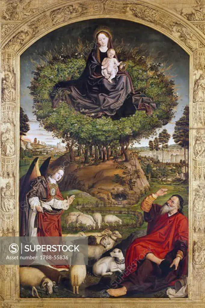 Central panel of the triptych of the Burning Bush, 1476, by Nicolas Froment (died 1486), tempera on panel, 410x305 cm, Cathedral of Aix-en-Provence, France.