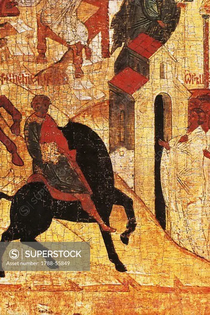 Knight on a black horse, detail from the Apocalypse, by the Master of the Kremlin, 15th century Russian painter, Dormition Cathedral, Moscow, Russia.