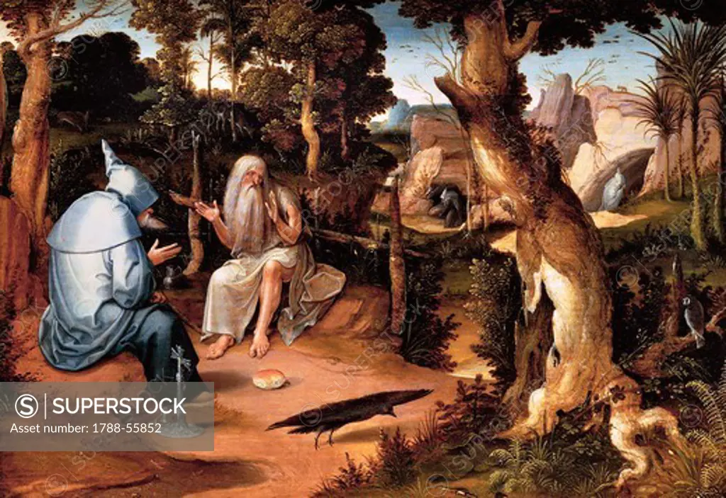Saint Anthony the Great with Saint Paul the Hermit, in a wooded landscape, by Jan Wellens de Cock (ca 1490-1527).