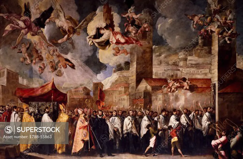 Procession to transfer the relics of the Holy Bishops to the Old Cathedral of St Peter, 1656, by Francesco Maffei (1605-1660), painting, Old Cathedral, Brescia, Italy.