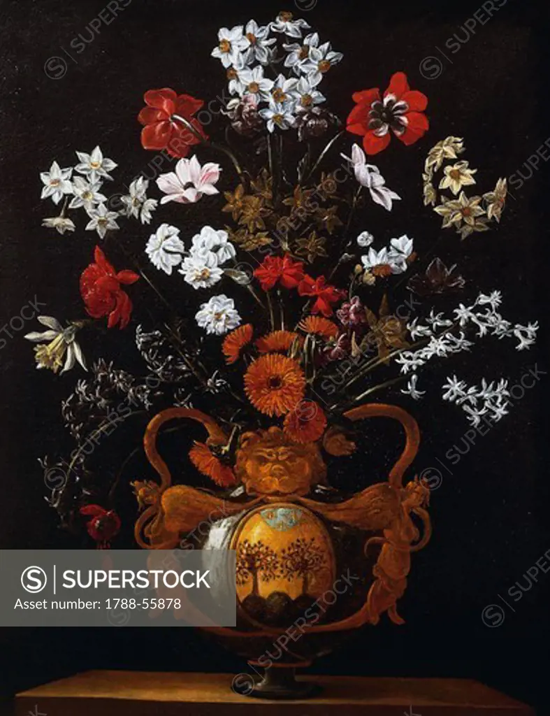 Vase of flowers with the coat of arms of Cardinal Poli, by Giacomo Recco (1603-1653), painting.