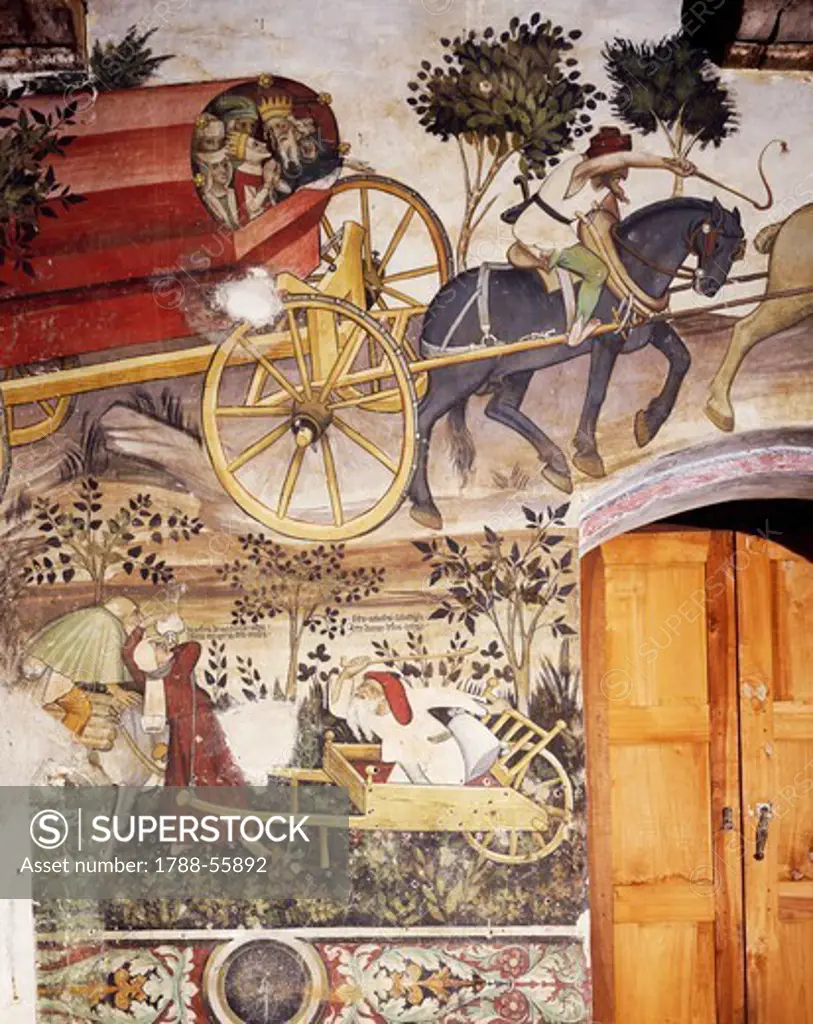 Horse-drawn chariot, detail from the 15th century frescoes of Castello della Manta, Saluzzo, Cuneo, Italy.