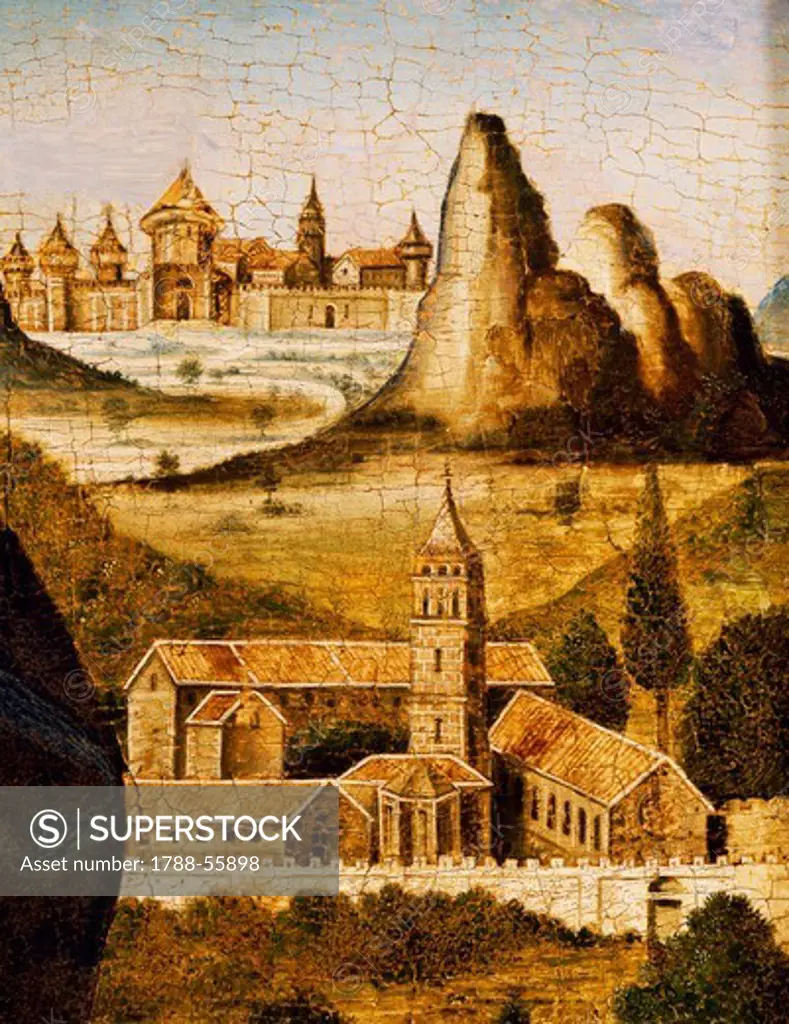 Landscape with buildings, detail from the Madonna delle Grazie, by Antonio de Saliba (born between 1466 - 1477- ca 1535), painting.
