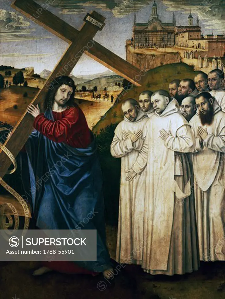 Christ carrying the Cross and the Carthusians, by Ambrogio da Fossano known as il Bergognone (ca 1460-1523), painting on wood transferred to canvas, 166x118 cm.