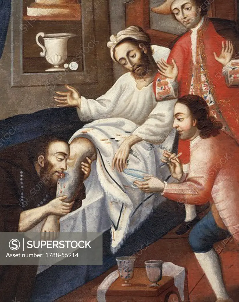 Religious men treating a patient at St Andrew Hospital in Cuzco, 18th century painting from the Cuzco School. Peru. Detail.