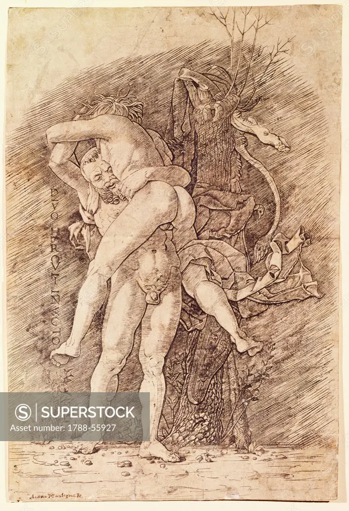 Hercules and Antaeus, by Andrea Mantegna (1431-1506), drawing.
