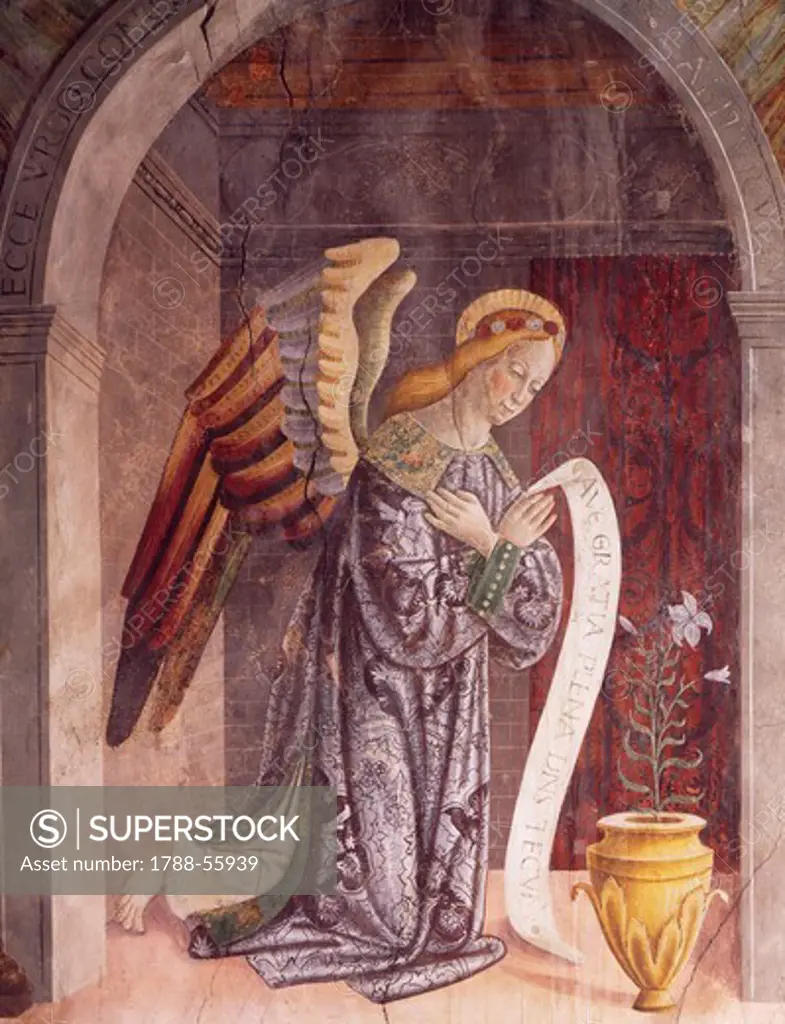 The Archangel Gabriel, detail from the frescoes by Giovanni Pietro da Cemmo (active 1474-1504), Church of Santa Maria Assunta, Esine, Brescia, Italy.