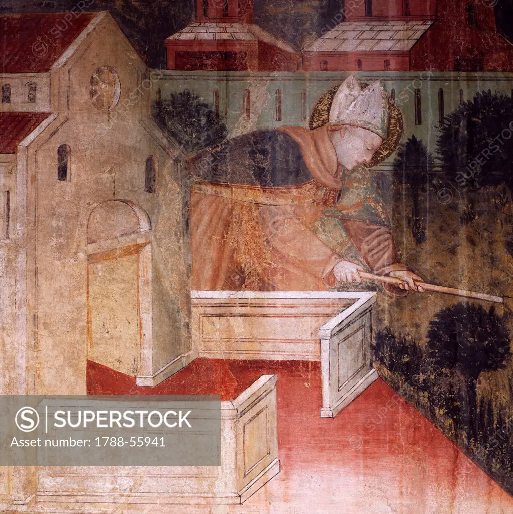 Stories of St Louis of Toulouse, acts of humility of the Saint with the hat of a bishop, 14th century fresco, Oratorio Visconteo of Albizzate, Varese, Italy.