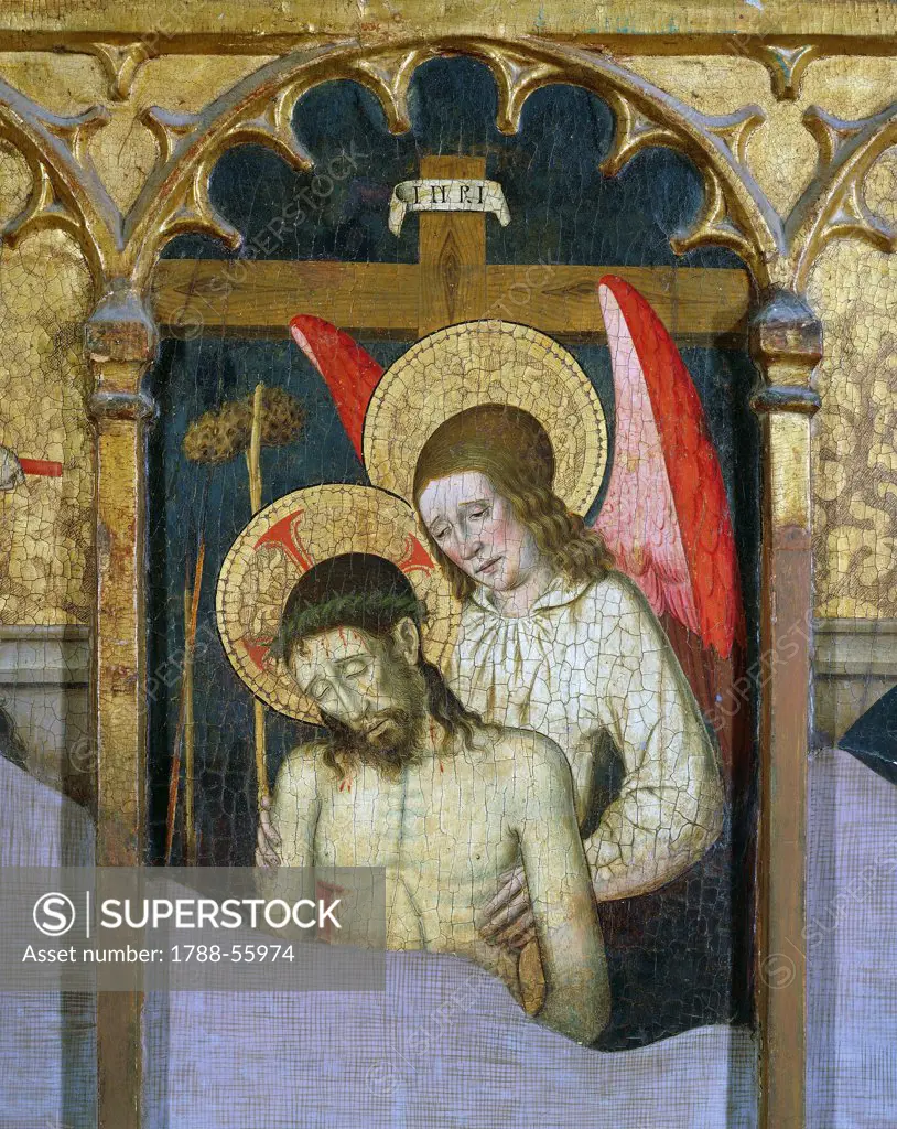 Pieta, detail from the altarpiece of St Lucifer, by Juan Figuera (active in the second half of the 15th century), tempera on panel, 70x234 cm.