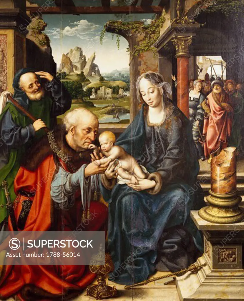 Adoration of the Magi, ca 1515, painting by Joos Van Cleve (1485-1540).
