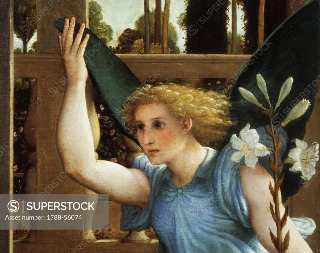 Announcing Angel, detail from the Annunciation, ca 1434, by Lorenzo Lotto (1480-1556), oil on canvas, 166x114 cm.