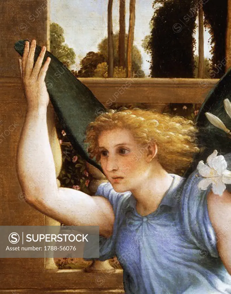 Announcing Angel, detail from the Annunciation, ca 1434, by Lorenzo Lotto (1480-1556), oil on canvas, 166x114 cm.
