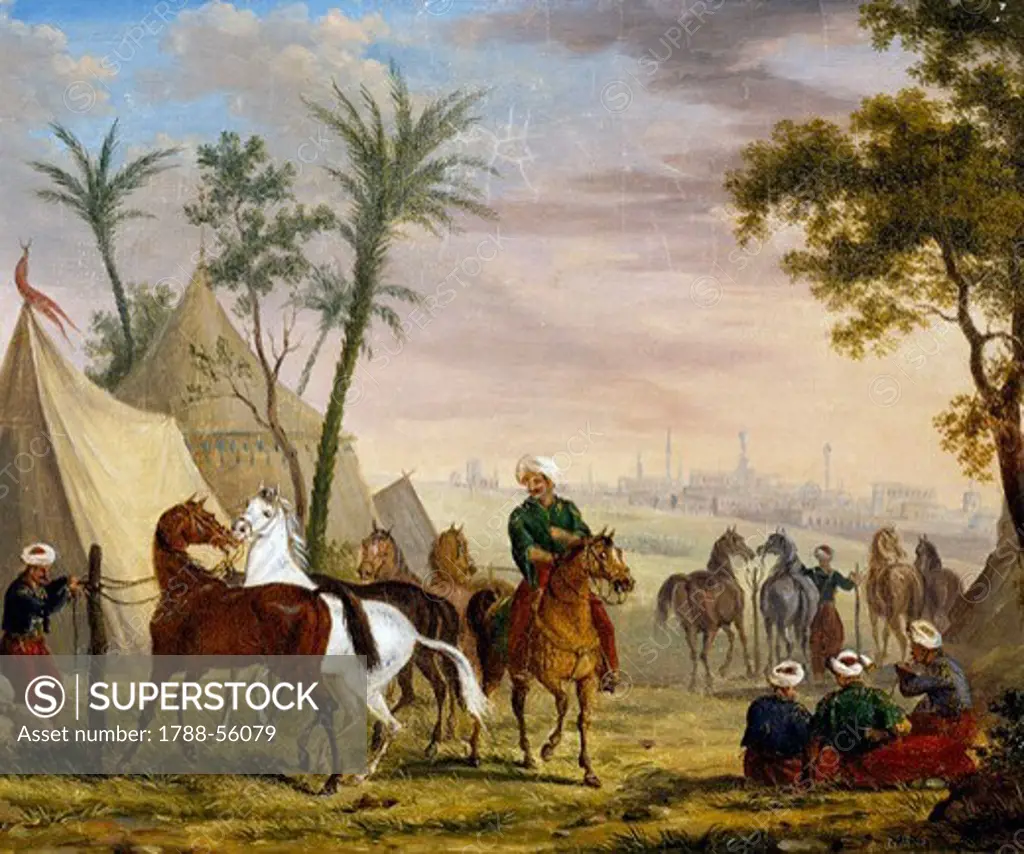 An Eastern encampment, by Charles Bellier (born in 1796), oil on canvas, 22x27 cm. Detail.
