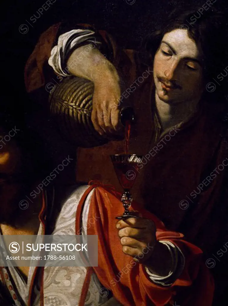 Servant pouring wine, detail of Meeting of drinkers, by Nicolas Tournier (baptised in 1590-before 1639), oil on canvas, 129x192 cm.