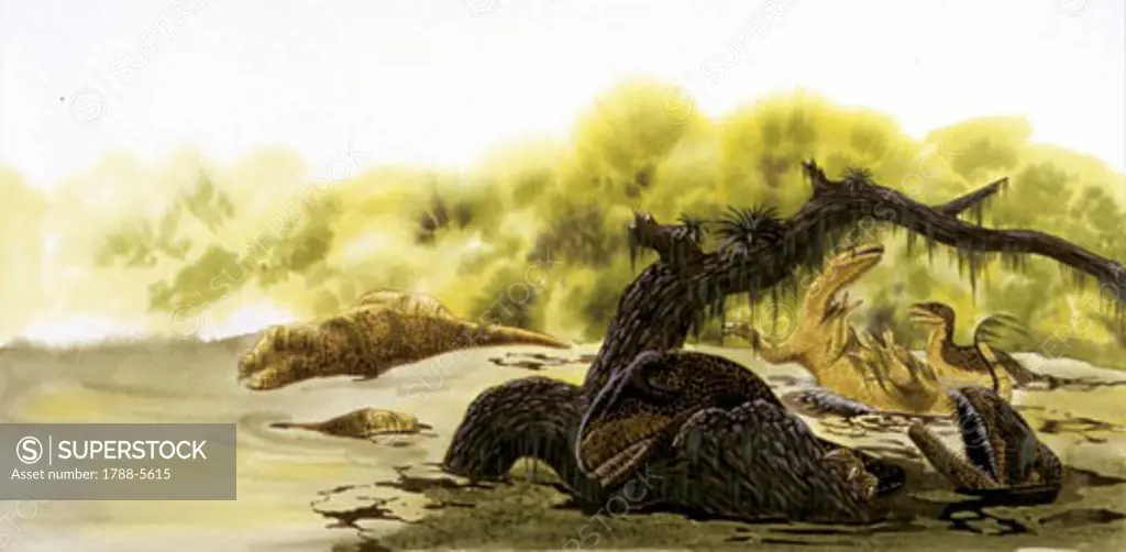 Illustration of Allosaurus drowning in marsh