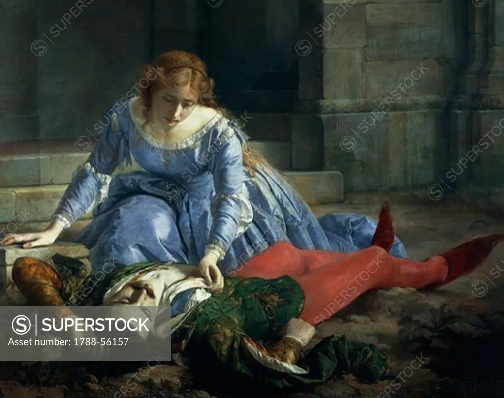 Imelda de Lambertazzi by her lover's corpse, 1864, by Pacifico Buzio (1843-1907), oil on canvas, 138x178 cm.