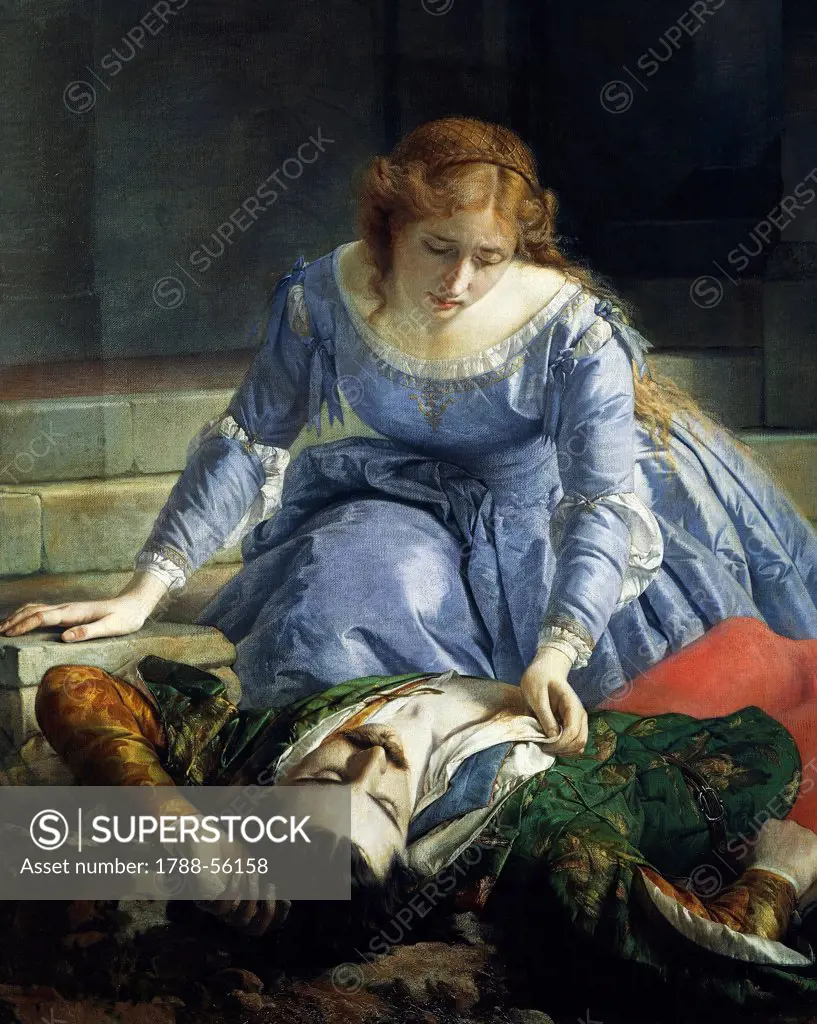 Imelda de Lambertazzi by her lover's corpse, 1864, by Pacifico Buzio (1843-1907), oil on canvas, 138x178 cm. Detail.