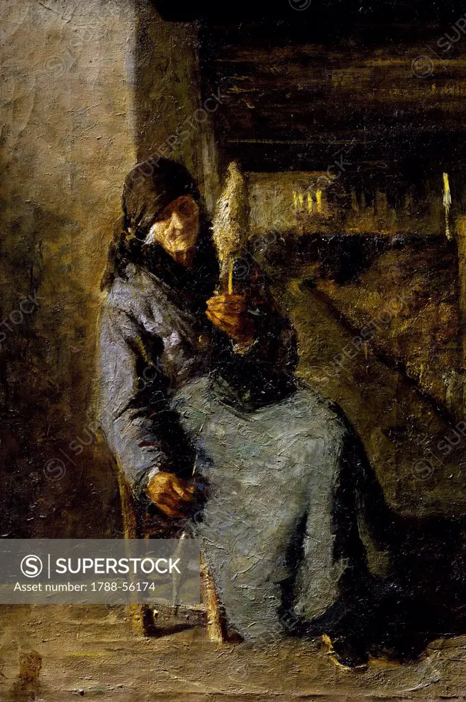 Old woman spinning with the distaff, by Biagio Canevari (1864-1925), oil on canvas, 58x37 cm.