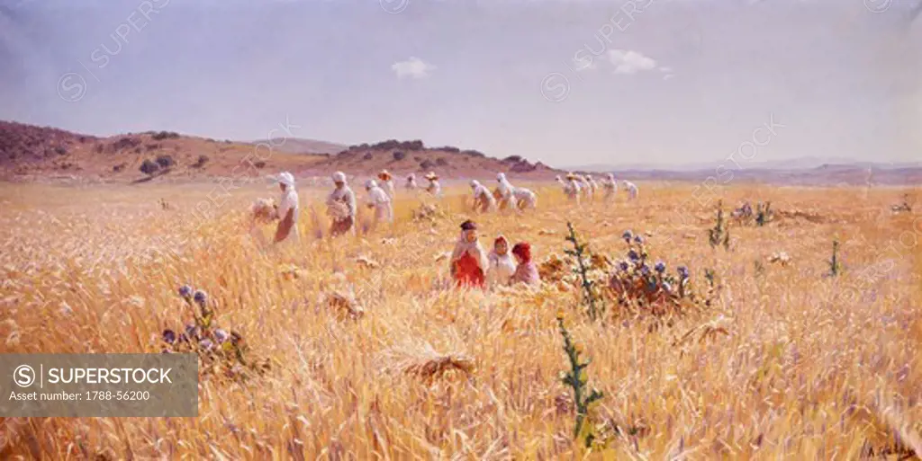 Esparto grass harvest in Algeria, ca 1890, painting by Gaday.