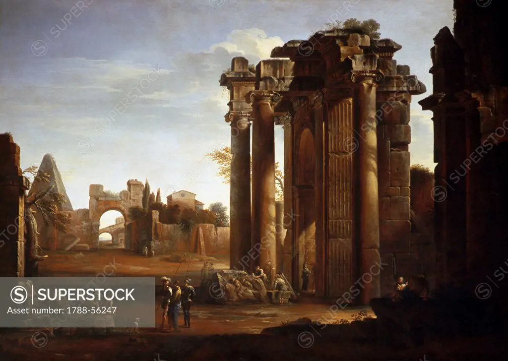 Landscape with ruins, by Domenico Roberti (1642-1707), painting.