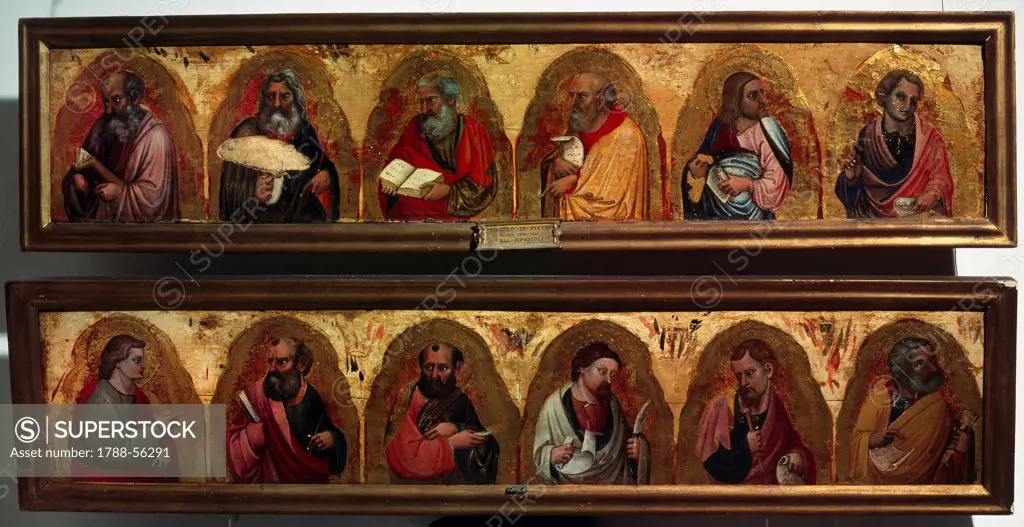 Apostles, by Niccolo di Pietro (died 1415-1416), section of the predella, 19x100 cm.