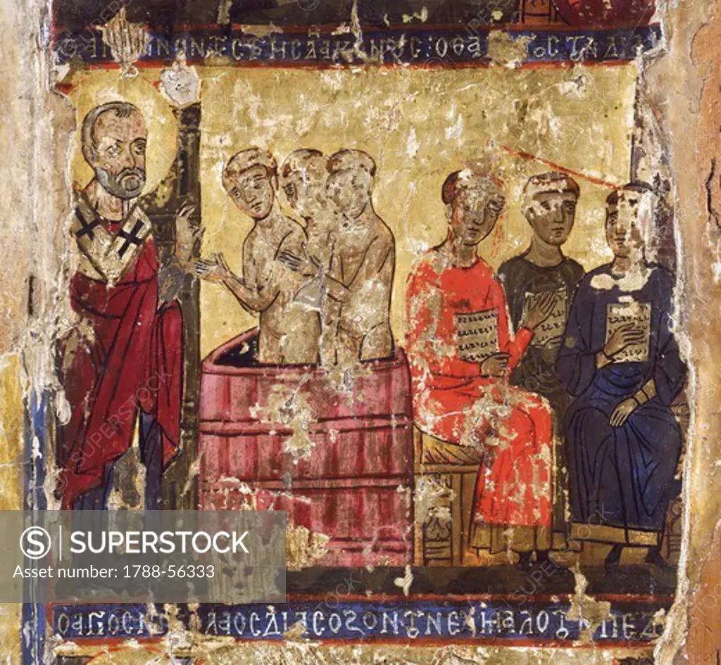 St Nicholas baptising the first Christians with the common rite, detail from the icon of St Nicholas and stories of his life, 13th century Byzantine art. Church of San Nicola Tis Steyis, Kakopetria, Cyprus.