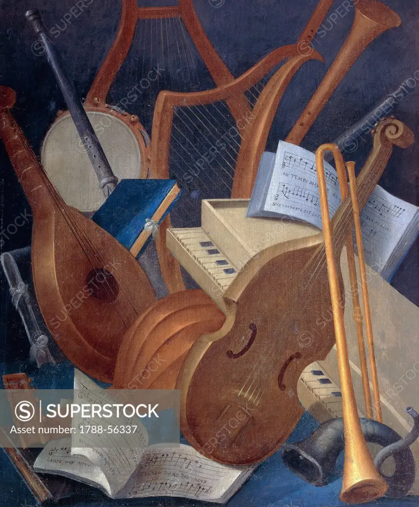 Musical instruments, detail from Allegory of Music, panel painting by Jean Mosnier (1600-1656). Beauregard Castle, Loir-et-Cher, France.