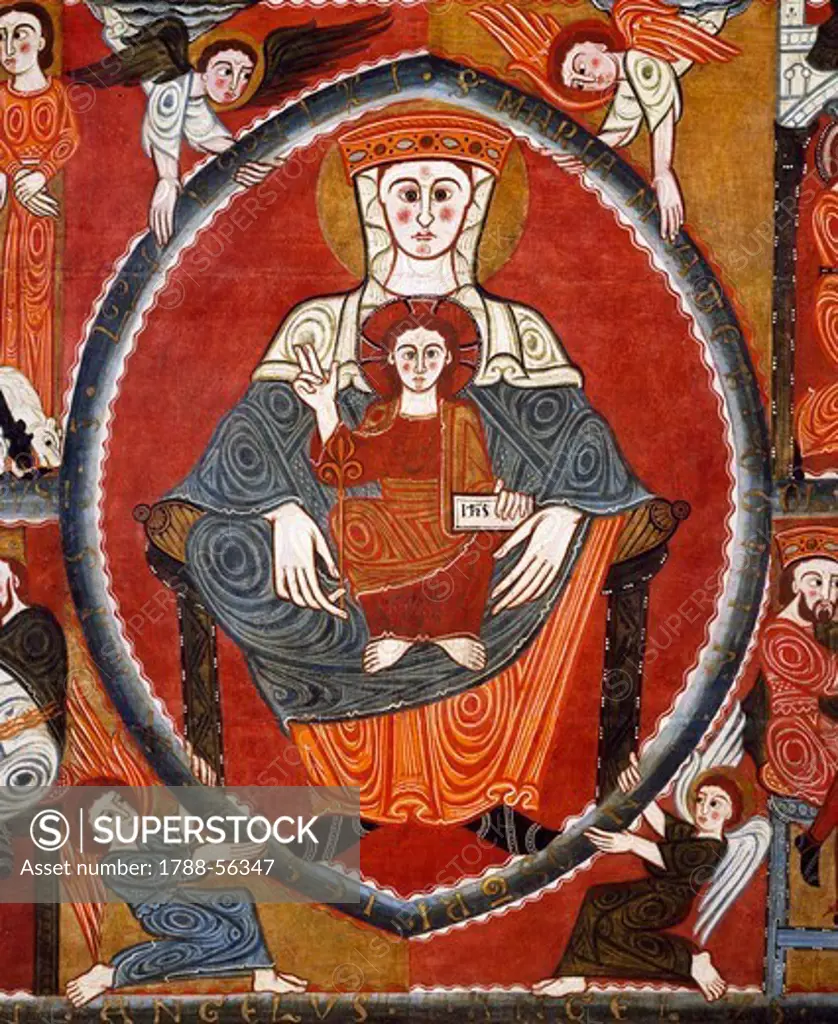 Madonna and child, reredos of the altar of St Margaret, 12th century, panel painting. Catalan Romanesque art.