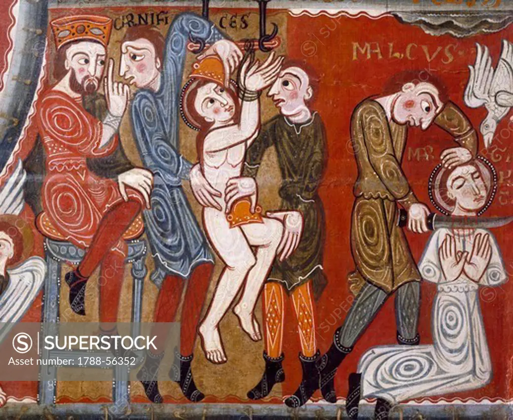 The Martyrdom of St Margaret, the saint being tortured and then beheaded, reredos of the altar of St Margaret, 12th century, panel painting. Catalan Romanesque art.