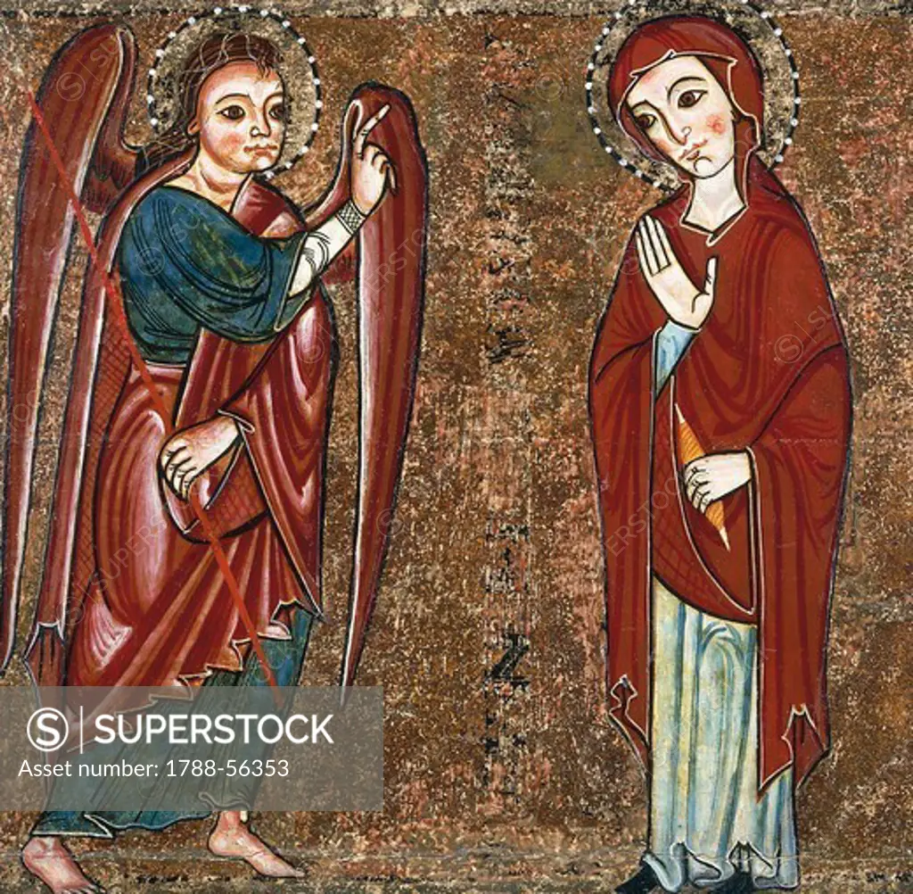 Annunciation, by the Master of Lluca, 13th century altar from the Monastery of Santa Maria of Lluca, tempera on wood. Catalan Romanesque art.