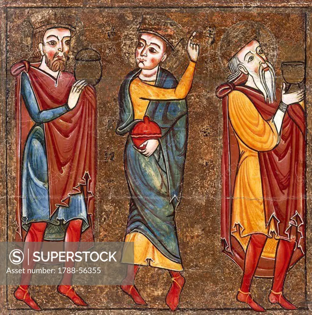 Magi kings, by the Master of Lluca, 13th century altar from the Monastery of Santa Maria of Lluca, tempera on wood. Catalan Romanesque art.
