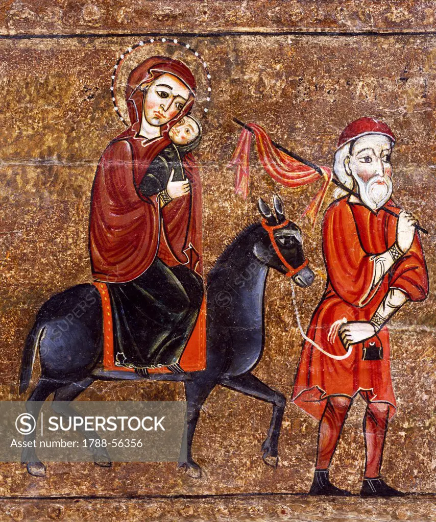 Flight into Egypt, by the Master of Lluca, 13th century altar from the Monastery of Santa Maria of Lluca, tempera on wood. Catalan Romanesque art.
