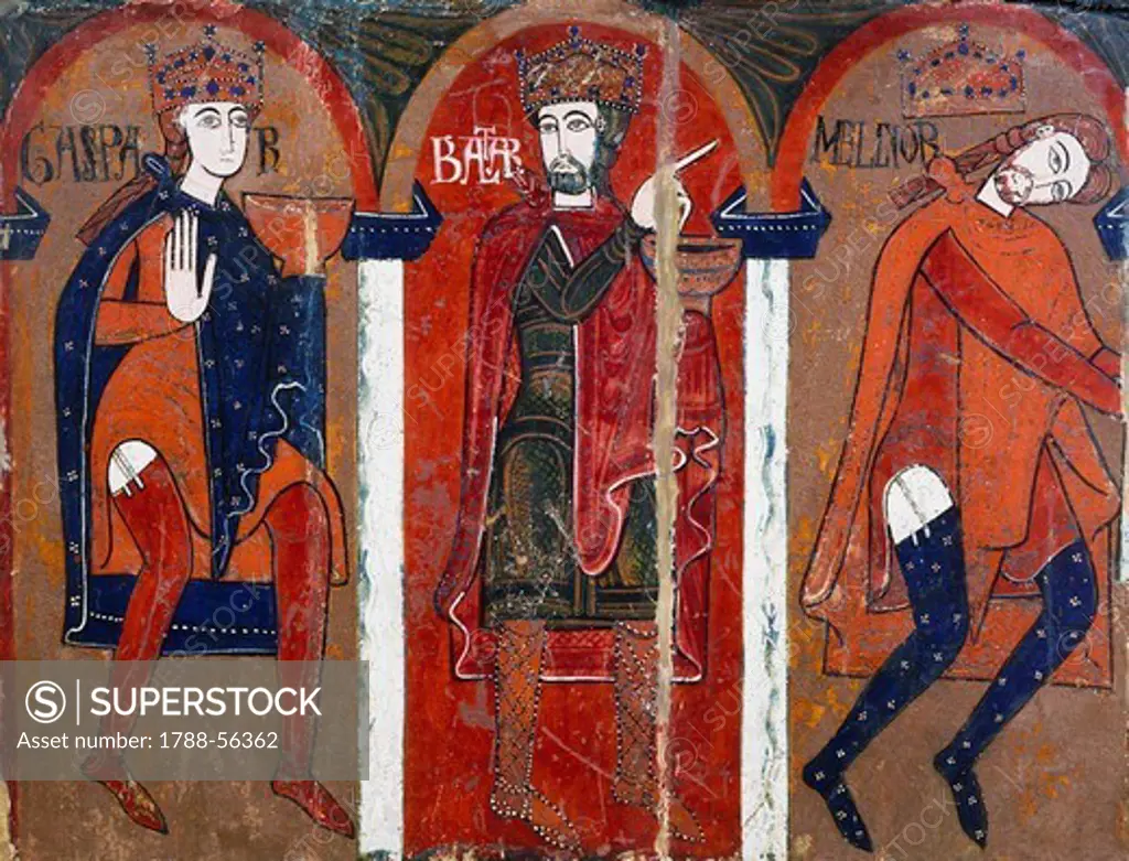 Magi Kings, Vic workshop, 12th century, altarpiece from Saint Vicens of Espinelves (Osona), painting on wood. Catalan Romanesque art.