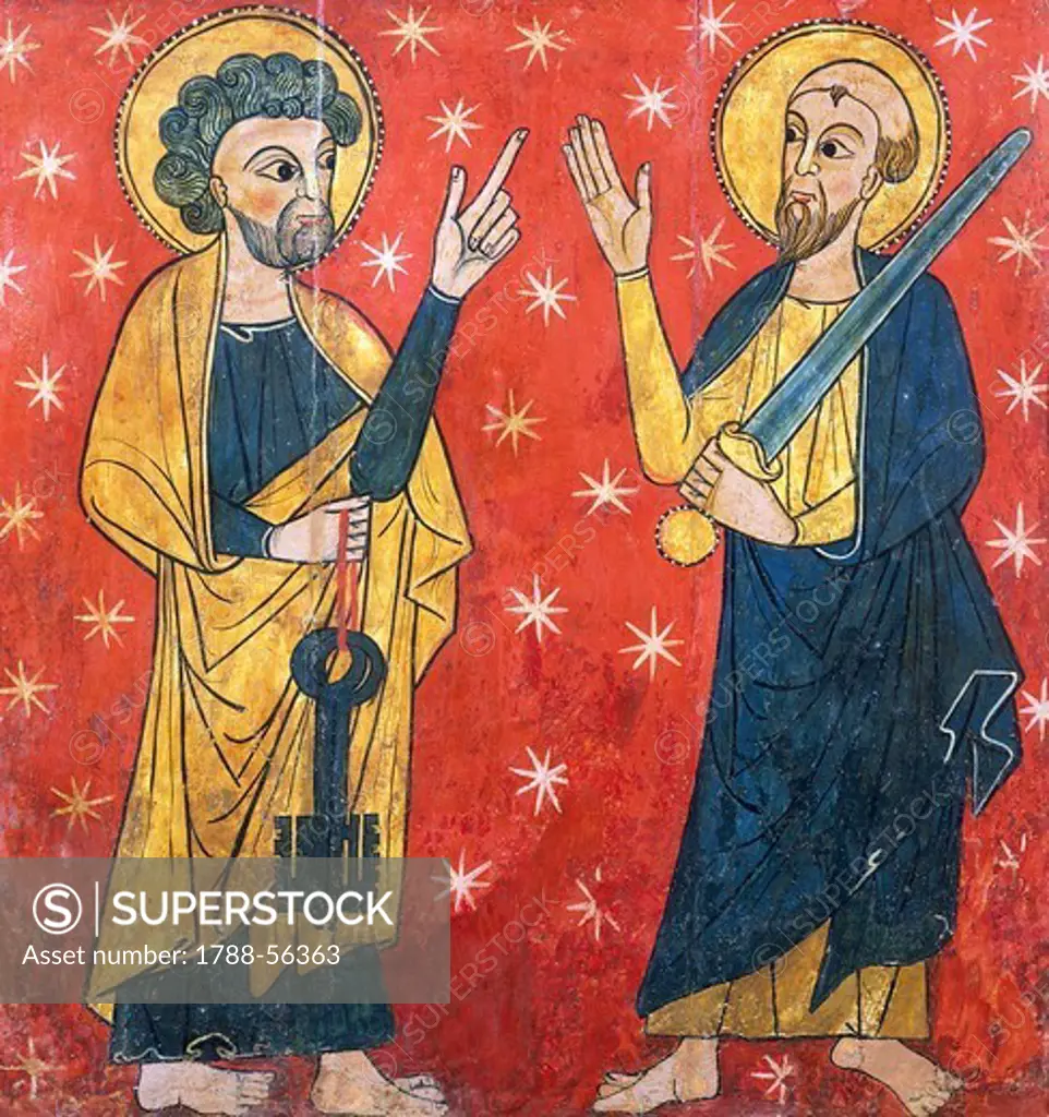 St Peter and St Paul, by the Master of Soriguel, 13th century, wooden altar panel from Ribes Valley. Catalan art.