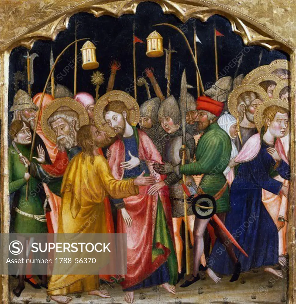 Judas' kiss, by the Master of Rubio (14th century), predella of the altarpiece from the Church of Santa Maria, Rubio, painting on wood.