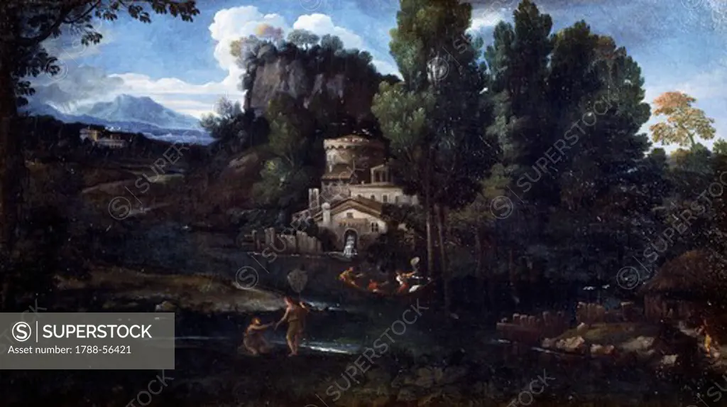 Village, by Giovanni Francesco Grimaldi known as Il Bolognese (1606-1680), oil on canvas, 50x88 cm.