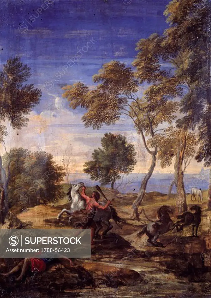 Countryside battle of the centaurs, School of Gaspard Dughet (17th century), oil on canvas, 52x39 cm.