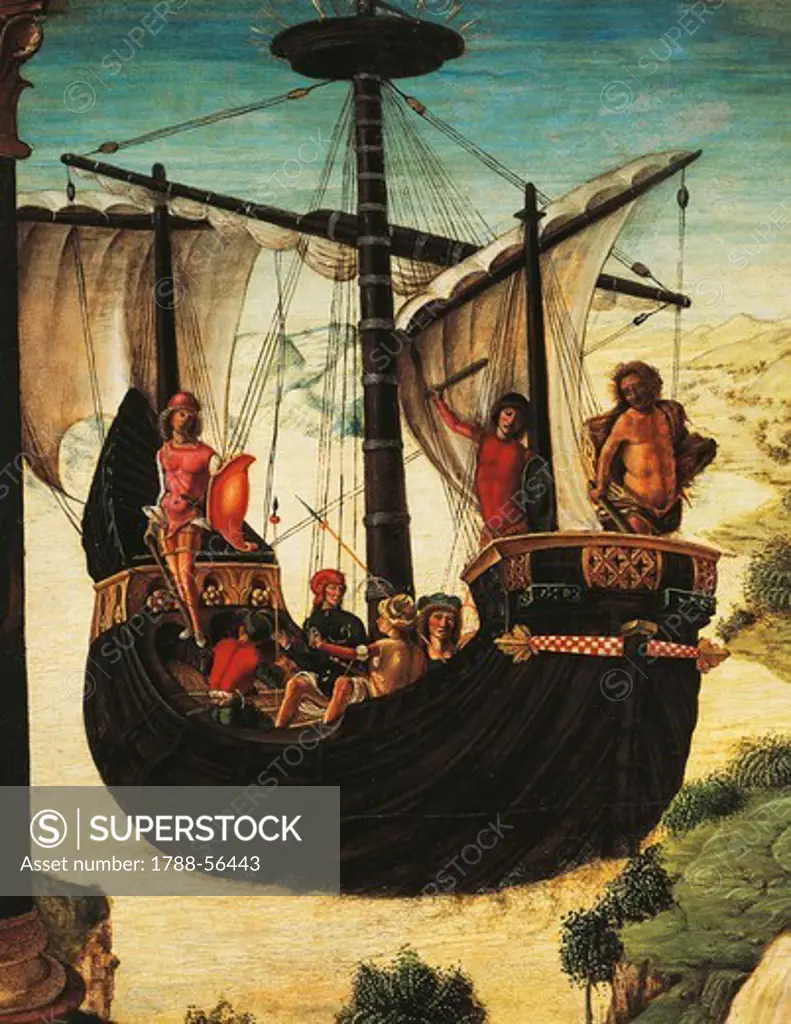Sailing ship, detail from The expedition of the Argonauts, 1484-1490, by Lorenzo Costa the Elder (ca 1460-1535), tempera on panel, 46x53 cm.