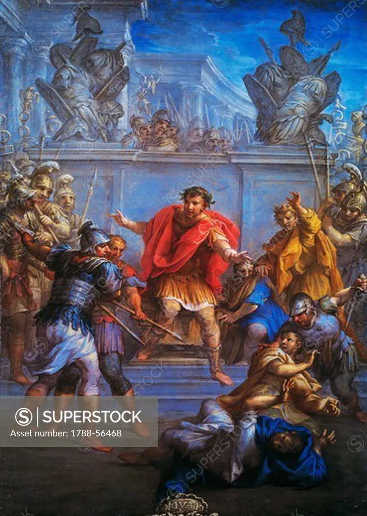 Emperor Claudius prevents the killing of his attackers, a series of paintings with scenes from the life of the Roman emperors, by Lazzaro Baldi (1624-1703), oil on canvas.