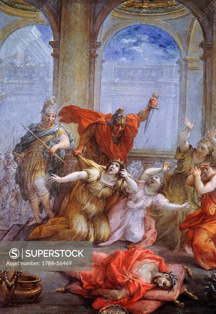 The Assassination of the Emperor Caligula, of his wife and his daughter, a series of paintings with scenes from the life of the Roman emperors, by Lazzaro Baldi (1624-1703), oil on canvas.